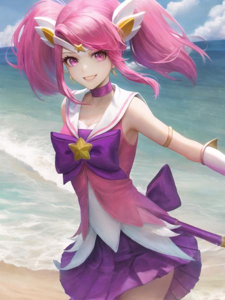 beach, star guardian lux, lux \(league of legends\), star guardian \(league of legends\), league of legends, 1girl, armlet, boots, bow, choker, earrings, elbow gloves, gloves, hair ornament, jewelry, magical girl, pink eyes, pink hair, pleated skirt, purple skirt, ribbon, skirt, smile, solo, thigh boots, thighhighs, tiara, twintails, white gloves, <lora:star_guardian_lux-000031:1>