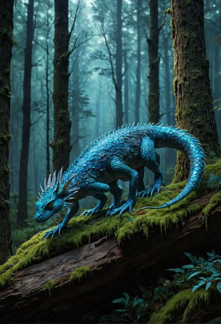 A Luminous, quadrupedal creature with scaly, iridescent skin, a serpentine body, and a long, slender tail; four limbs ending in sharp claws; large, almond-shaped eyes with vertical pupils; and delicate, feathery gills on its neck: textured, rough bark-like scales; bright turquoise, electric blue, and shimmering silver hues; glowing, bioluminescent markings on its body; nocturnal hunter that emits a high-pitched whine when threatened; dense, misty forest with towering trees; fantasy elements include the creature's ability to absorb and store light energy from the environment; watercolor style; soft, muted color palette with pops of bright blue and turquoise; warm sunlight filtering through the trees; low-angle perspective with the creature at eye level; moss-covered rocks and fallen branches in the background; interactive element: a sparkling, edible berry bush that attracts the creature.