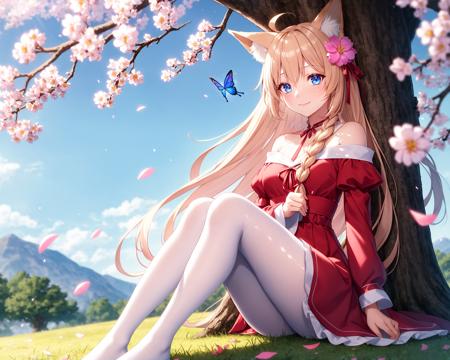 1girl,butterfly,flower,solo,bug,blurry,bangs,sitting,dress,animal,outdoors,smile,day,tree,blush,water,branch,sky,ahoge,petals,ribbon,animal ears,long hair,hair flower,depth of field,hair ornament,blue eyes,very long hair,long sleeves,blonde hair,red flower,blurry foreground,closed mouth,in tree,blue butterfly,looking away,animal ear fluff,pink flower,red dress,blurry background,sitting in tree,fox ears,cat ears,korean clothes,white flower,, solo,full body,
,art by Cornflower,dreamy,(pilyeon),(extremely detailed CG unity 8k wallpaper, masterpiece, best quality, ultra-detailed, best shadow),
,(best illumination, an extremely delicate and beautiful),beautiful detailed glow,dynamic angle,
,(beautiful detailed face, beautiful detailed eyes),High contrast,(1girl:1.5),braided hair one side,
,(iridescent hair:1.2),pink hair,,(fox_ears ,hime_cut,,)
(white pantyhose:1.2),1 girl Wearing Transparent Greek dress,(transparent:1.3),purple eyes,