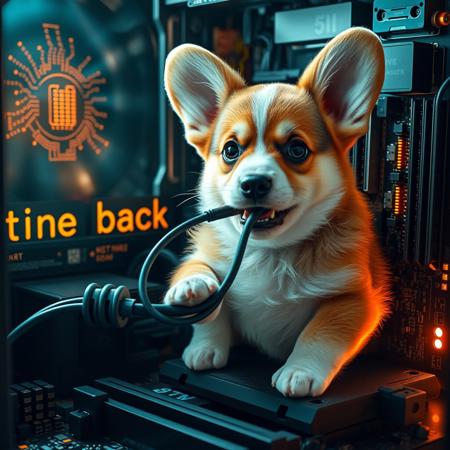 semirealistic, a cute corgi puppy with an unplugged computer cord in its mouth, inside a computer motherboard. THE message "be back soon" written in computer chips, detailed mirroring horizon, wining award digital art, hight detailed,Insane resolution. Insane details. Masterpiece. 32k resolution. casting shadow style, cucoloris patterned illumination, cinematic composition and lighting. Masterpiece. Very detailed.