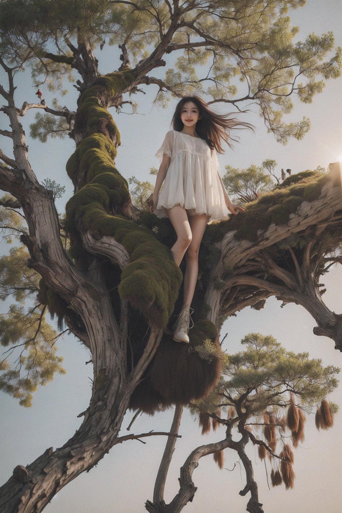 A young woman sitting on a tree branch.