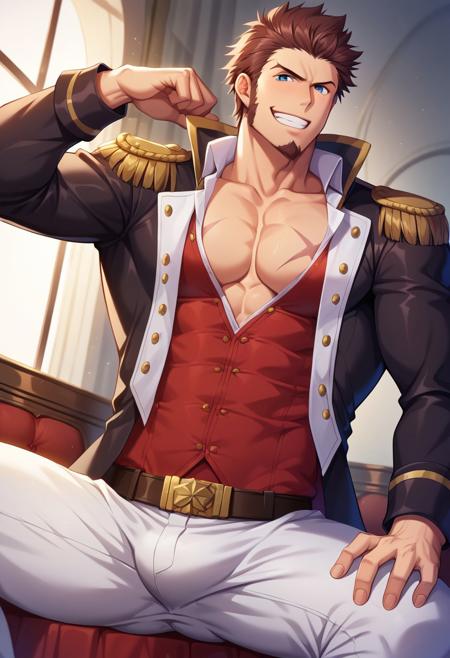 napoleon bonaparte \(fate\), fate \(series\), fate/grand order, blue eyes, brown hair, short hair, long sideburns, facial hair, goatee, scar on chest military uniform, napoleon bonaparte uniform\(fate\), white collared shirt, partially unbuttoned shirt, red vest, partially unbuttoned vest, black jacket, long sleeves, epaulettes, white pants, belt, black boots