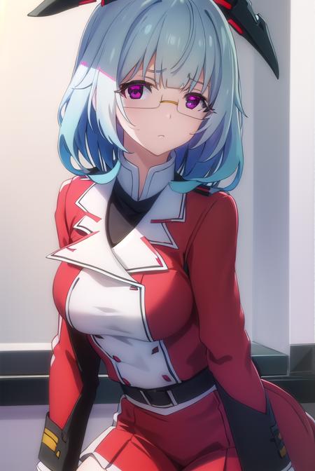 kanzashisarashiki, <lora:kanzashi sarashiki s2-lora-nochekaiser:1>,
kanzashi sarashiki, (red eyes:1.3), blue hair, glasses, semi-rimless eyewear,
BREAK school uniform, ribbon, blue ribbon, long sleeves, (red trim:1.2), uniform, military uniform, (white military uniform:1.5),
BREAK indoors, classroom,
BREAK looking at viewer, (cowboy shot:1.5),
BREAK <lyco:GoodHands-beta2:1>, (masterpiece:1.2), best quality, high resolution, unity 8k wallpaper, (illustration:0.8), (beautiful detailed eyes:1.6), extremely detailed face, perfect lighting, extremely detailed CG, (perfect hands, perfect anatomy),