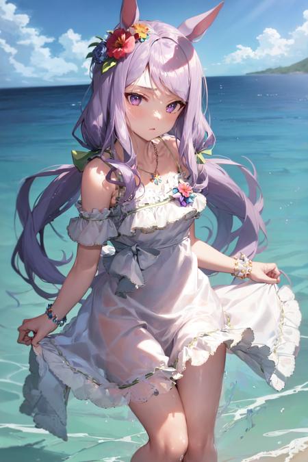 masterpiece, best quality,
mejiro mcqueen \(umamusume\),
ocean, day, clouds, wading, 
official alternate costume, low twintails, hair ornament, hair flower, necklace, bracelet, green ribbon, swimsuit, white dress, bare shoulders, off-shoulder dress, frills, frilled dress, 
<lora:mejiro_mcqueen_locon:0.6>