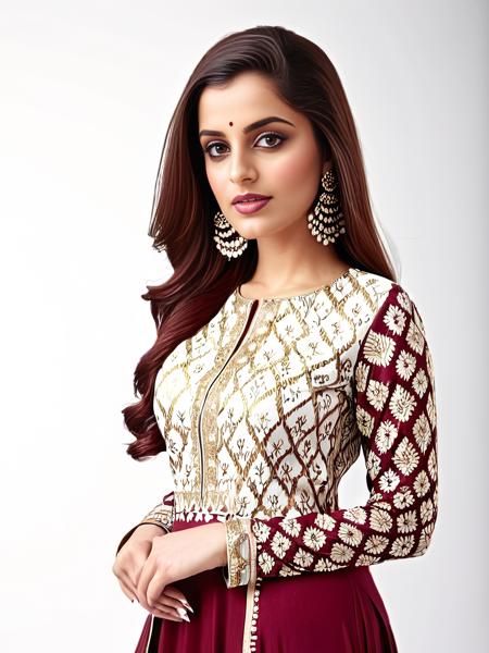 highres photo of 25 year old beautiful desi woman, (plain white background: 1.6), sexy Maroon ethnic Salwar Kameez, fashion photography, dynamic pose, facing viewer,  <lora:Desi_Coffee_V30_SDXL_LoRA-000003:1>