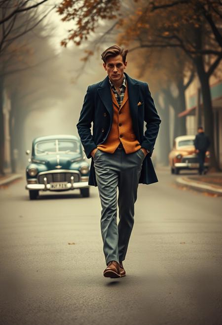 man walking, vintage style, navy overcoat, tan blazer, gray trousers, brown leather shoes, 1950s fashion, foggy street, autumn morning, classic cars, sepia tones, cinematic look, retro elegance, noir aesthetic, confident posture,  ethereal, bold brushstrokes, mesmerizing downfall, close-up of flora,Nocturnal adventure, varnish, enhanced contrast, inviting exploration, ultra-detailed, bold golden accents