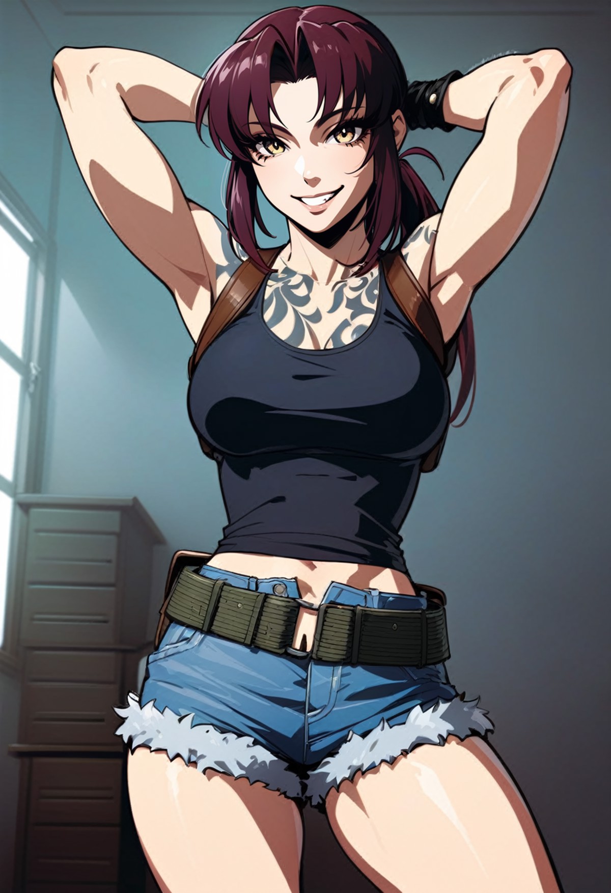 (art by andava:0.5), solo, 1girl, revy, smile, arms behind head, ponytail, tank top, fingerless gloves, denim shorts, hols...