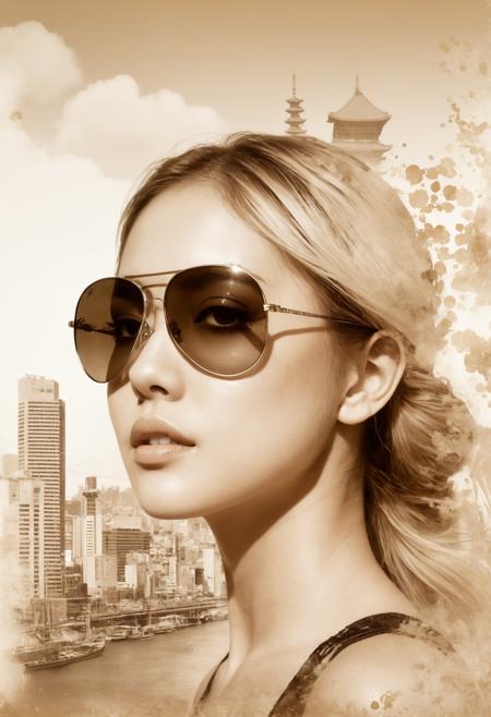 A bold inkplash-meets-watercolor wash artwork, expertly painted on rice paper using rich sepia, burnt henna, and ink-black hues. an advanced sci-fi cityscape, with gleaming towers and skyscrapers, clear sky double exposure, crisp lines, Osaka cityscape below and to side of closeup portrait of stunning  Japanese woman, blonde loose hair, mirrored aviator sunglasses