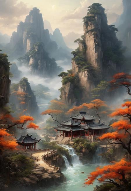 Freehand style, Envision a serene and tranquil idyllic retreat nestled within the ethereal beauty of ancient Xianxia-themed mountains, where misty clouds delicately wrap around the peaks, creating an otherworldly atmosphere. The landscape is dotted with ancient architecture, reflecting the elegance and refinement of a cultivation sect's stronghold. Here, mystical energy flows through enchanted forests, where immortal mountains and rivers harmonize with the natural world, fostering an environment perfect for the pursuit of martial immortality. The scene is populated with mystical creatures, adding a touch of wonder and magic to this Chinese ancient Xianxia-themed paradise., Don't be real, oil painting, done with japanese brush technique, realistic, extreme detail, scary, terrifying, dark and warm environment, 8k, looking at viewer, looming, Comic style
<lora:add-detail-xl:1> <lora:xl_more_art-full_v1:0.5>  <lora:looking_at_viewer:2>