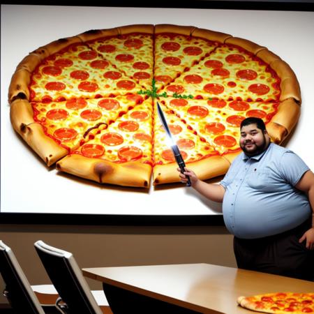 fat man, presentation, screen, realistic, holding pointer, laser pointer, in front of a large screen, pizza on it, <lora:Presentation _v1:0.5>