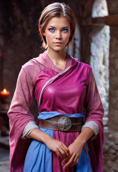 (photo:1.4) (D&D character) (monk/fire sorceress:1.23) tan (Age 21) (shorter layered hair, light brunette:1.26)  (28B-23-31 figure:1.24) makeup (sliver/pink attire:1.2) athletic (blue eyes) in monastery full body, real life, realistic, HDR