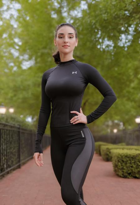 close shot of beautiful abby_shapiro wearing a skintight exercise outfit, upper body, outdoors background, cinematic lighting, bokeh, <lora:abby_shapiro_20:0.85>