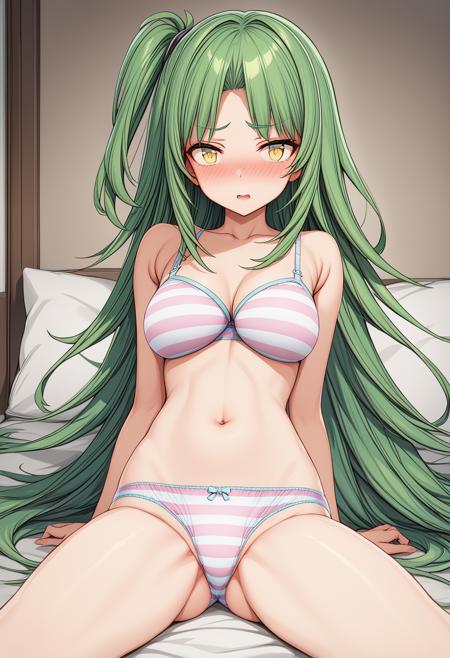 bg_reimi, yellow eyes, green hair, long hair, (one side up:1.4), very long hair, bangs, school uniform, brown jacket, blazer, necktie, long sleeves, shirt, plaid skirt, white thighhighs,