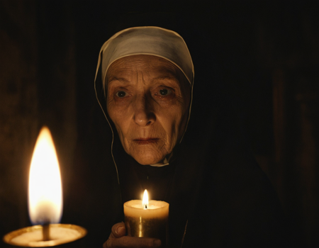 A flickering candle in a brass holder, held by an old nun in a very dark room. The only light in the room coming from the single candle's warm light. The camera captures the delicate reflections of light on his face. ultra-detailed face, 8k resolution, dramatic film lighting <lora:add-detail-xl:1>   <lora:zavy-cntrst-sdxl:1>