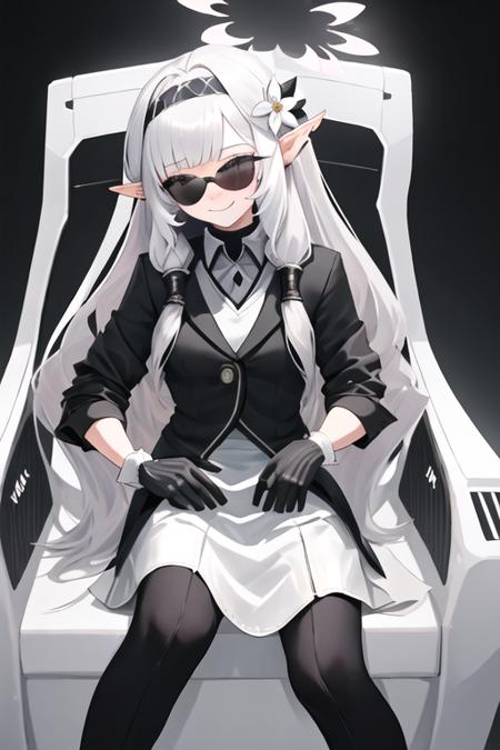 best quality, masterpiece, highres, solo, {black business suit:1.40}, {tie:1.20}, {sunglasses:1.25}, {white gloves:1.15}, {white shirt:1.10}, {black skirt:1.15}, {smoking:1.20}, handsome, {himari_bluearchive:1.15}, long_hair, pointy_ears, hairband, hair_ornament, flower, hair_flower, halo, mole, mole_under_eye, hair_tubes, purple_eyes, blush, grey_hair, bangs, white_hair, smile, black_hairband