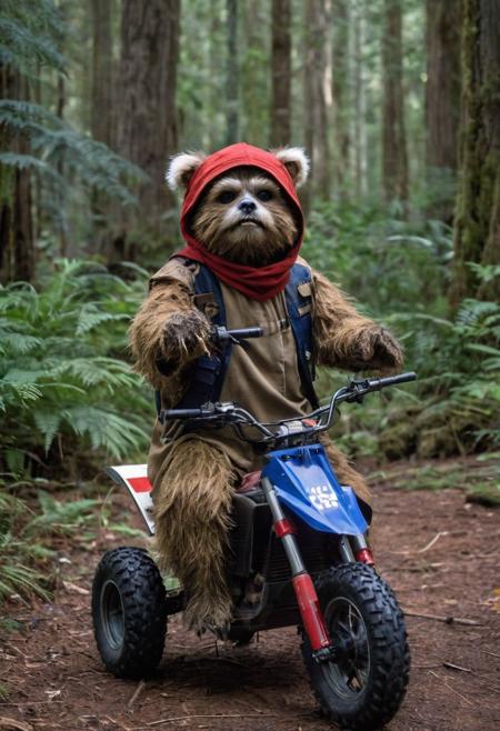 A full body photo of an Ewok on Endor, it's carrying an Uzi and riding an ATV, 
It looks cute and adorable yet fierce at the same time, The Ewok equivalent of Rambo, funny, 
highest quality, exceptional accuracy and realism,,(use only red, white and blue for colors:3)