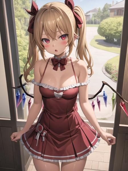 lasterk, best quality, masterpiece, 1girl, solo, (flandre scarlet:1.0), standing, kitchen, :o, blush stickers, outdoors, shiny skin, looking at viewer

<lora:lasterkf1:1>