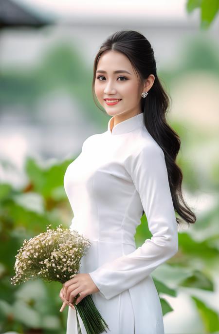 (Masterpiece, best quality, ultra realistic,32k, RAW photo, detail skin, 8k uhd, dslr, high quality, film grain:1.5),1girl, white ao dai, pants, portrait, long hair, looking at viewer, smile, black hair, long sleeves, dress, jewelry, standing, flower, earrings, outdoors, white dress, blurry, black eyes, blurry background, realistic, cinematic