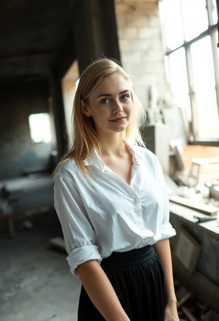 Shot on iPhone photo of a young woman with blonde hair, standing in an abandoned dark building, wearing a white shirt and black skirt. She has a neutral, slight smile. Soft natural light from broken windows illuminates her face and outfit, realistic shadows around. In the background, ruined walls and construction debris. Authentic, lively, smartphone photo, unedited, as if taken on a phone.