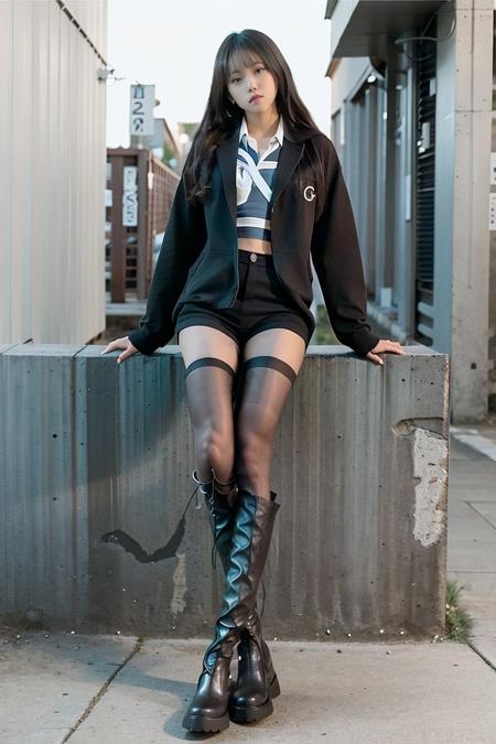 full body, wide shot, best quality, ultra high res, (photorealistic:1.4), 1girl, solo, sitting, fashion, serafuku, school uniform,  (ulzzang-6500:0.8), (black tights:1.4), (black pantyhose:1.4), <lora:knbotz:1>, black leather thigh boots,  blunt bangs, black hair, long straight hair,