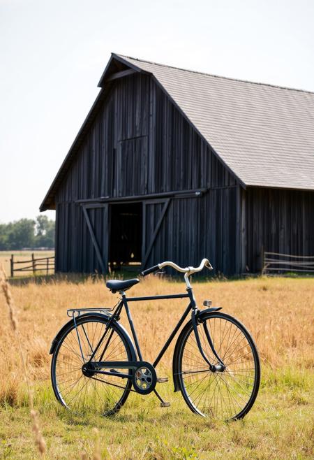A photograph of a barn in a field with an antique bicycle in front of it