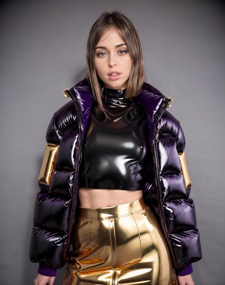 cinematic photo close shot photo of <lora:quiron_RileyReid_v1_Lora:0.97> RileyReidQuiron woman wearing an expensive  Oversized puffer coat with a high collar and glossy finish and orange    gold purple velvet crop top, purple circle skirt,  hd, hdr, 2k, 4k, 8k, canon, kodak,  . 35mm photograph, film, bokeh, professional, 4k, highly detailed