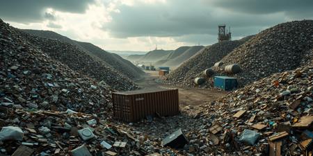 an abandoned garabage dump, large piles of trash and refuse can be seen extending as far as the eye can see, the scene is a photo realistic, large pieces of industrial machinery and shipping containers and industrial liquid storage vats can be seen amongst the mounds. The style is post apocalyptic