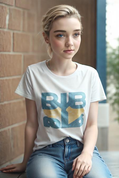 a profesional photo of  1 girl ,  <lora:Julia_Sarah_Stone_v2:0.7>  blonde hair, delicate face, slender body, big eyes, young girl, woman, small breasts, wearing  Oversized graphic tee, denim shorts, sneakers in Periwinkle color,   sitting cross-legged with hands on knees, in cinema  ,  intricate details, ((best quality)), ((masterpiece)) ((vibrant colors)) ((dynamic lights)) bokeh, detailed background, detailed skin, detailed face, cowoby shot, full body, detailed cahracter, focus on character , vibrant colors,clear, detailed hands, perfect face,  <hypernet:sxzBloom_sxzBloom:0.6>  hotify fFaceDetail ,  <lora:add_detail:0.4>