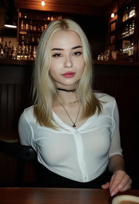 1girl, portrait, sitting, (hip cleavage), blondie, close up, hips in view, smirk, nose ring, beautiful face, supermodel, smirk, hourglass body figure, booty, moody facial expression, wide hips, (very small waist), cropped shirt, fit body, g-string thongs, white girl, caffe, bar, people around, in public, natural grain, night, down light, moody, edgy, sharp focus, soft lighting, natural contrast, natural shadows, smooth lighting, good composition
<lora:Goth Girl-v0.1:1>
<lora:badquality_v02:1>,