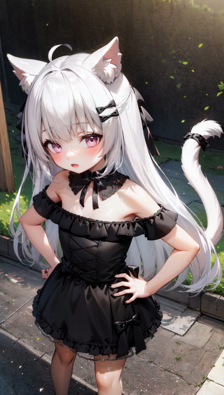 Shanoa shanoa_black, black bow, black ribbon, hairclip, black dress, off-shoulder, single thighhigh, shanoa_white, very long hair, double buns, white shirt, black skirt, hair ornament, cat ears, cat tail, shanoa_blue, x hair ornament, very long hair, low twintails, school uniform, serafuku, blue skirt, white pantyhose,