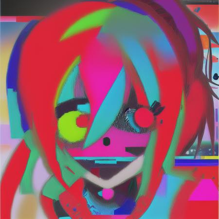 glitchcore, abstract, glitched, artefact, collage, solo, portrait, colorful, rainbow, 1girl, red hair, ponytail, <lora:glitchcore-10_LORA:0.8>