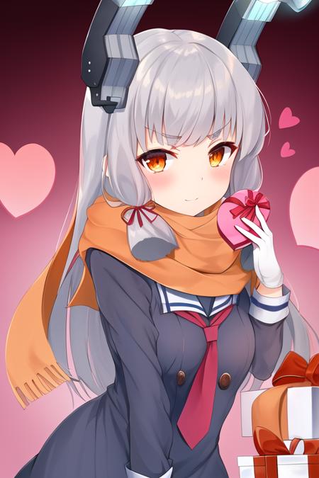 masterpiece, best quality, highres, solo, {murakumo_kantaicollection:1.10}, long_hair, hair_ribbon, ribbon, headgear, bangs, grey_hair, blunt_bangs, sidelocks, necktie, tress_ribbon, orange_eyes, 1girl, blush, box, gift, gloves, pink_scarf, scarf, valentine, dress, sailor_dress, short_eyebrows, white_gloves, heart, heart-shaped_box, looking_at_viewer