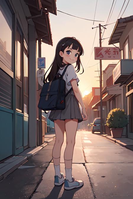 highres,masterpiece,best quality,cinematic film still,a pinup of short girl,on street,sunset,detailed background,from back,looking back,smile,looking at viewer,yukimi,10 yo.,long hair,blunt bangs,flat chest,expressionless,shy,sundress,miniskirt,socks,shoes,detailed school bag,randoseru,shallow depth of field,vignette,highly detailed,high budget,bokeh,cinemascope,moody,epic,gorgeous,film grain,grainy,<lora:GoodHands-beta2:1>,