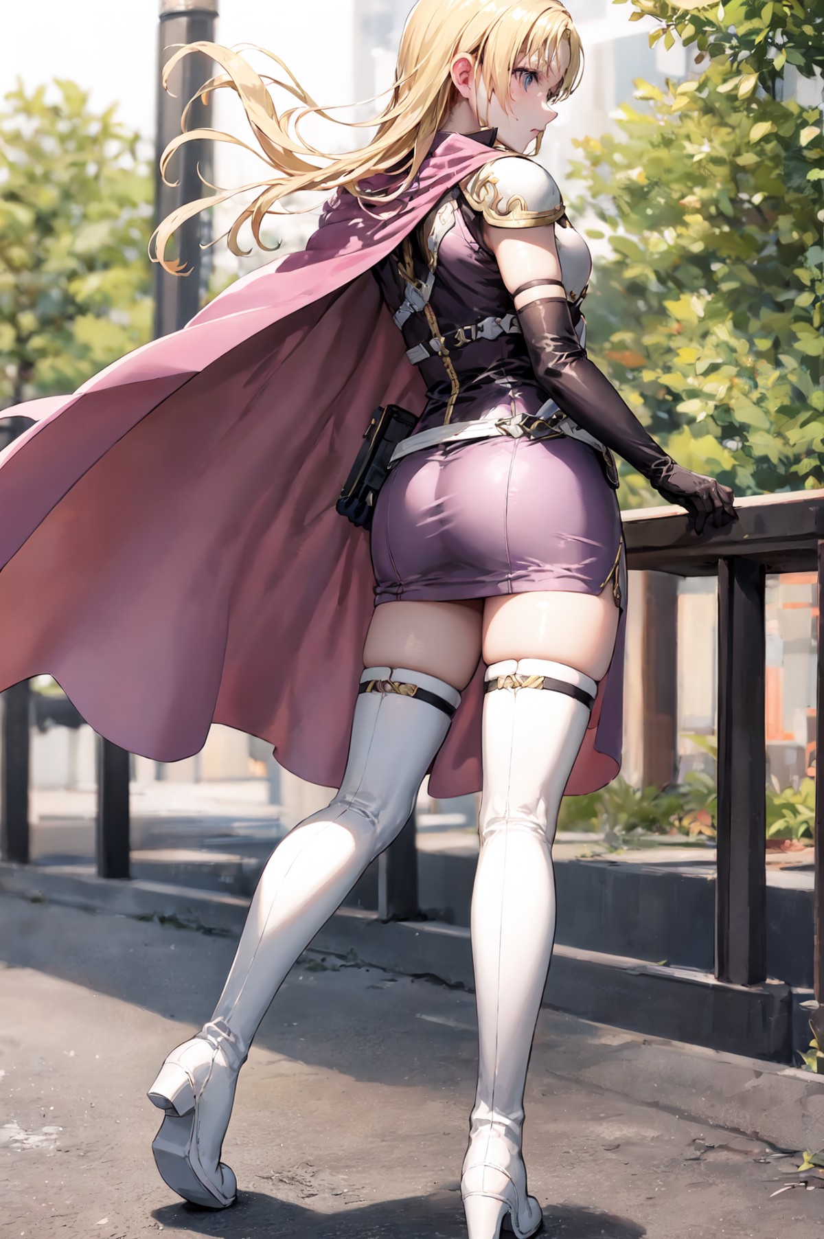 from behind,<lora:louiseV1:0.9>, def_louise,blonde hair,  zettai ryouiki, gloves, thighhighs,  boots, cape, thigh boots, e...