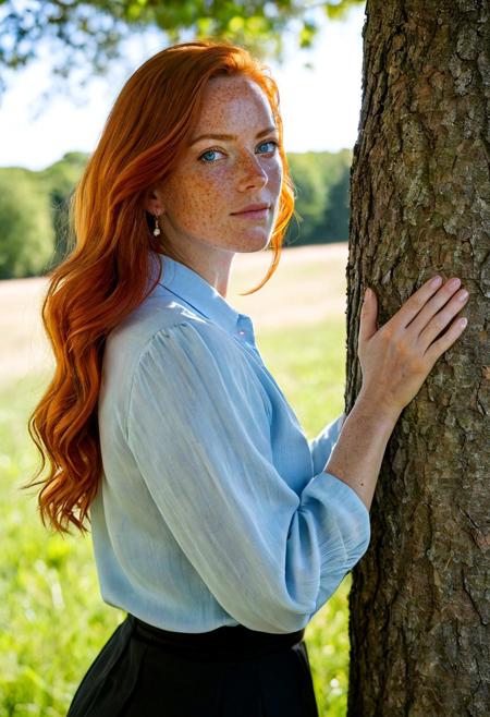 This is a photograph of a 40 year old woman with freckles, from behind, leaning up against a tree and looking over her shoulder at the viewer with her light-blue eyes. She stands in a grassy field with trees in the distance on a bright sunny day.  The sleeves on her (dark red blouse:1.1) are rolled up and she wears a long, (black skirt:1.1). Her long orange hair is wavy and hangs low on her back.  vivid colors, casting shadow style, perfect eyes, extremely intricate details, masterpiece, epic, clear shadows and highlights, realistic, intense, enhanced contrast, highly detailed skin, f/2.8, bokeh, DarkFantasy
