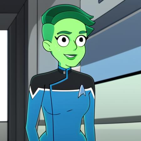 <lora:tendi-Lora:1> a cartoon of tendi wearing a starfleet uniform and standing in a scifi corridor, green skin