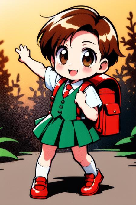 <lora:rokujoumugi:0.8> rokujoumugi, brown hair, short hair, brown eyes, chibi, toddler, a very young child, 
1girl, solo, backpack, bag, skirt, short hair, brown hair, randoseru,  full body, socks, forest, brown eyes, school uniform, holding strap, shoes, retro artstyle, pleated skirt,  smile,
masterpiece, high quality, very_high_resolution, large_filesize, full color,