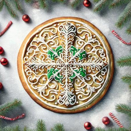 pizza with christmas tree shape in center, 2d, sugarcookiestyle