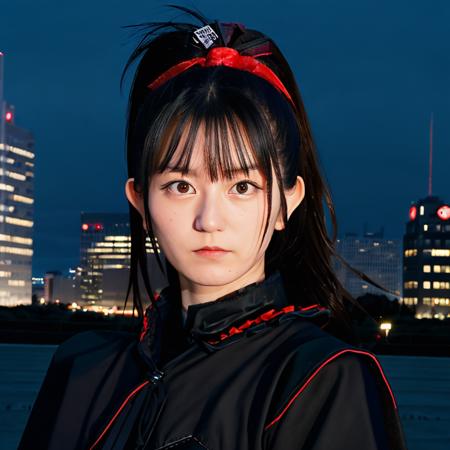 1girl,masterpiece, photorealistic, detailed, RAW color photo,(fully in frame:1.1) <lora:suzukav4:1>suzuka nakamoto, young,idol, cute, bangs, ponytail, black makeup,black outfit, night, buildings around