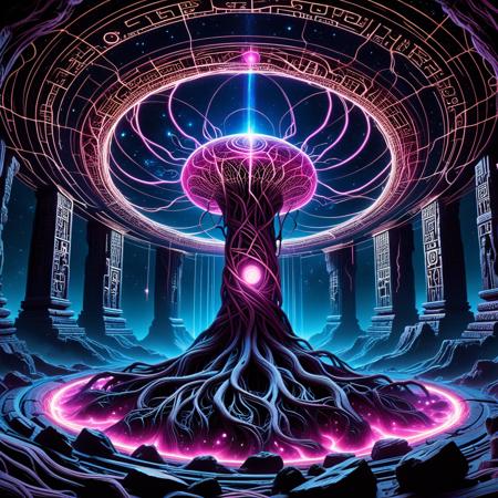 concept art .<lora:Treeroots_0_90_multi2_Handprocessed_V2:0.8> pg-tr, floating amid an asteroid field is an ancient temple carved into a broken planet, overtaken by vast, glowing cosmic roots. These roots extend from the planetâs core out into the void, drawing energy from quasars and interstellar winds. They shimmer with deep-space blues, ultraviolet glows, and bursts of pink radiation. Inside the temple, the roots form sacred passageways, their surfaces etched with golden alien runes that pulse with gamma light. At the heart of the temple, a black hole is held in place by a tangle of gravitational roots, suspended like a lantern. The scene feels both ancient and post-technological, a forgotten node in the vast fungal web of the universe. . digital artwork, illustrative, painterly, matte painting, highly detailed