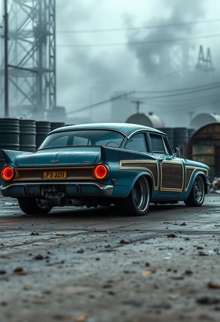 score_9, score_8_up, score_7_up, score_6_up, 
portrait, masterpiece, 4k, ray tracing, intricate details, highly detailed,
A vintage car with blue paint, rugged body, electric motor, neon-lit rims, custom taillights, wood trim, custom exhaust,  parked in a polluted industrial area, with smog lingering above, toxic waste barrels scattered, and a sense of neglect and decay
cinematic light, dramatic light, shallow depth of field, vignette, highly detailed, high budget, bokeh, cinemascope, film grain, grainy