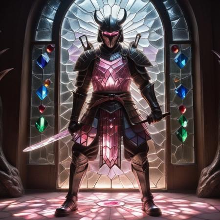 cs-cr1stal-v2, A realistic Samurai holding a sword, solo, armor made of stained glass, 1boy, male focus, holding, dual wielding, samurai, helmet made of stained glass, horns, holding sword, japanese armor made of stained glass, light pink skin, green eyes, full body, fighting stance, Tokio background, tokio, Sakura tree, cherry blossom tree, tree made of stained glass, glowing, glowing eyes, sheath, standing, gloves, teeth, japanese clothes, white hair, shoulder armor, demon, looking at viewer, stained glass mask, ponytail, fangs, sharp teeth, stained glass armor
