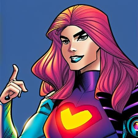 cozmikduzk1, a cartoon girl with pink hair, pointing at camera with her finger , heart logo design, upper_body, shirt_open, rainbow hair, cinematic lighting, superhero pose,  extremely detailed, joe madureira, arterm, wlop,  cozmikduzk1