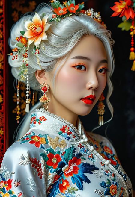 A striking Chinese woman in a traditional qipao dress, showcasing long, pure white hair, exudes elegance and grace in her pose. Her healthy, tanned, and slightly oily skin, along with her captivating eyes and detailed lips, add to her beauty. The dress features intricate embroidery and vibrant colors, while a beautiful flower hairpin adorns her head. Her expression is serene, and the ornate background incorporates distinct Chinese elements. The color palette is predominantly dark, with true white hair and dim, soft lighting to create a photorealistic, ultra-detailed masterpiece. This high-resolution image (8k) highlights the impressive detail in her entire appearance, emphasizing her white hair against a dark background.