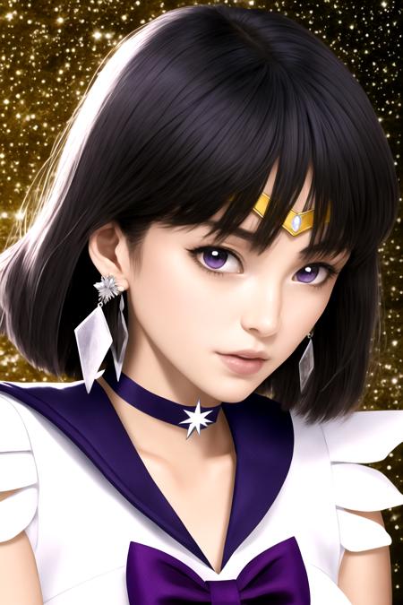 masterpiece, best quality, 1girl,  photo of realistic, sailor saturn, (gold tiara on her forehead),  short hair, purple hair, bangs, black hair, bow, brooch, choker, collarbone, earrings, jewelry, looking at viewer, magical girl, parted lips, purple eyes, purple sailor collar, sailor collar,sailor senshi uniform, solo, star \(symbol\), star brooch, star choker, tomoe hotaru, upper body, black background  <lora:SailorSaturnV1:1>