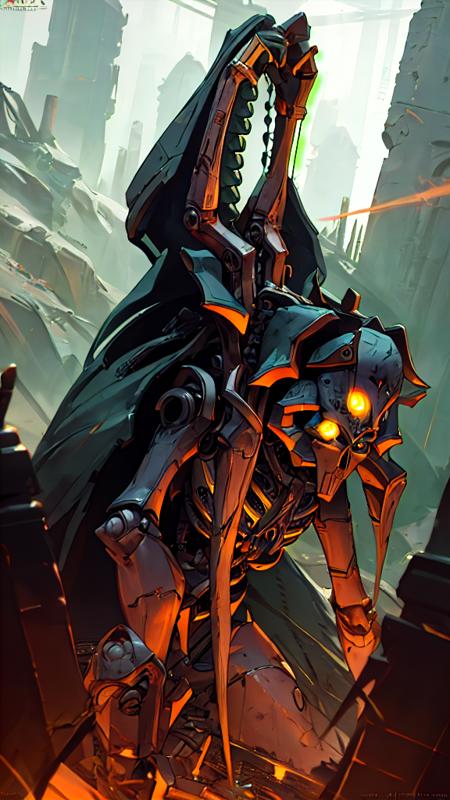 breathtaking Necrons, extremely beautiful multicolored glowing piercing eyes, cinematic scene, scenery, detailed background, masterpiece, best quality, high quality, absurdres <lora:necrons_v2:1> . award-winning, professional, highly detailed