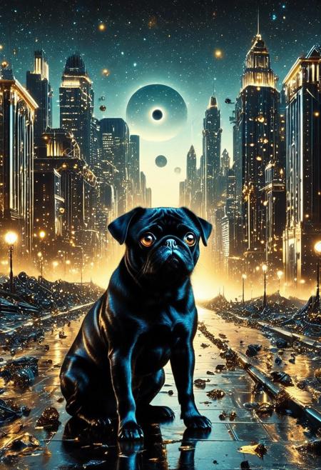 masterpiece, best quality, very aesthetic, absurdres,(score_9, score_8_up, score_7_up), createconcept, addmicrodetails, RetroBG, epic background, nightsky cityscape landscapes with black and gold palting, a metallic mechanical black and gold (pug), glowing eyes, vivid eye color, (beautiful eyes:1.2), (gradient iris, crisp iris edges), confident pose, action dynamic pose, lazypos