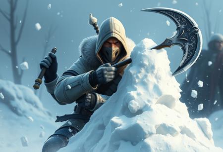 Create a highly detailed, dynamic concept art piece featuring a white American soldier from Mortal Kombat 11, wielding a sickle and taking cover behind a pile of snow. The character should be in an action pose, with a sharp focus on their facial expression and attire. The background should be a cold, snowy environment, with elements inspired by the fantasy world of Genshin Impact. The art style should be reminiscent of Dungeons and Dragons illustrations, with a matte finish and trending aesthetics found on Artstation. The image should be suitable for featuring on Unsplash.