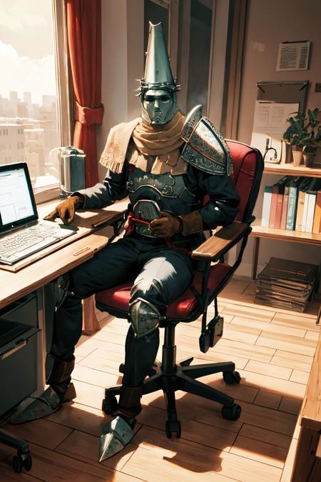 masterpiece, (detailed, highres, best quality), 1boy <lora:sppenitentOne-08:1>, penitentonedef, helmet, stone face, faceless, armor, full armor, shoulder armor, brown gloves, chair, clipboard, full body, keyboard (computer), office, office chair, swivel chair