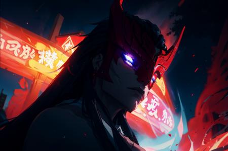 Yone(Azakana), masterpiece, absurdres, high quality, highres, night, night sky, close-up, Demon mask, half-Demon, Samurai, Japanese Soldier, no armour, topless male, cinematic lighting, hollywood, red and blue eyes, light particles, tokyo street light<lora:Yone_v1-12:0.7>